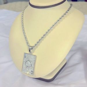 New Stainless Steel Silver Plated Rhinestone Spade Card Heavy Chain Necklace